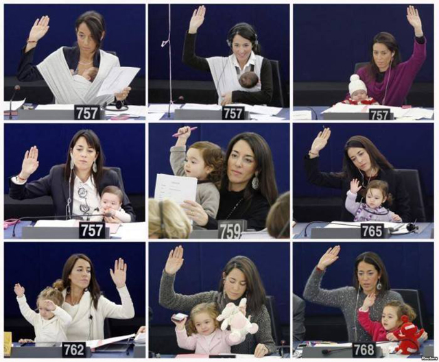 Una eurodiputada lleva a su hija al Parlamento como protesta