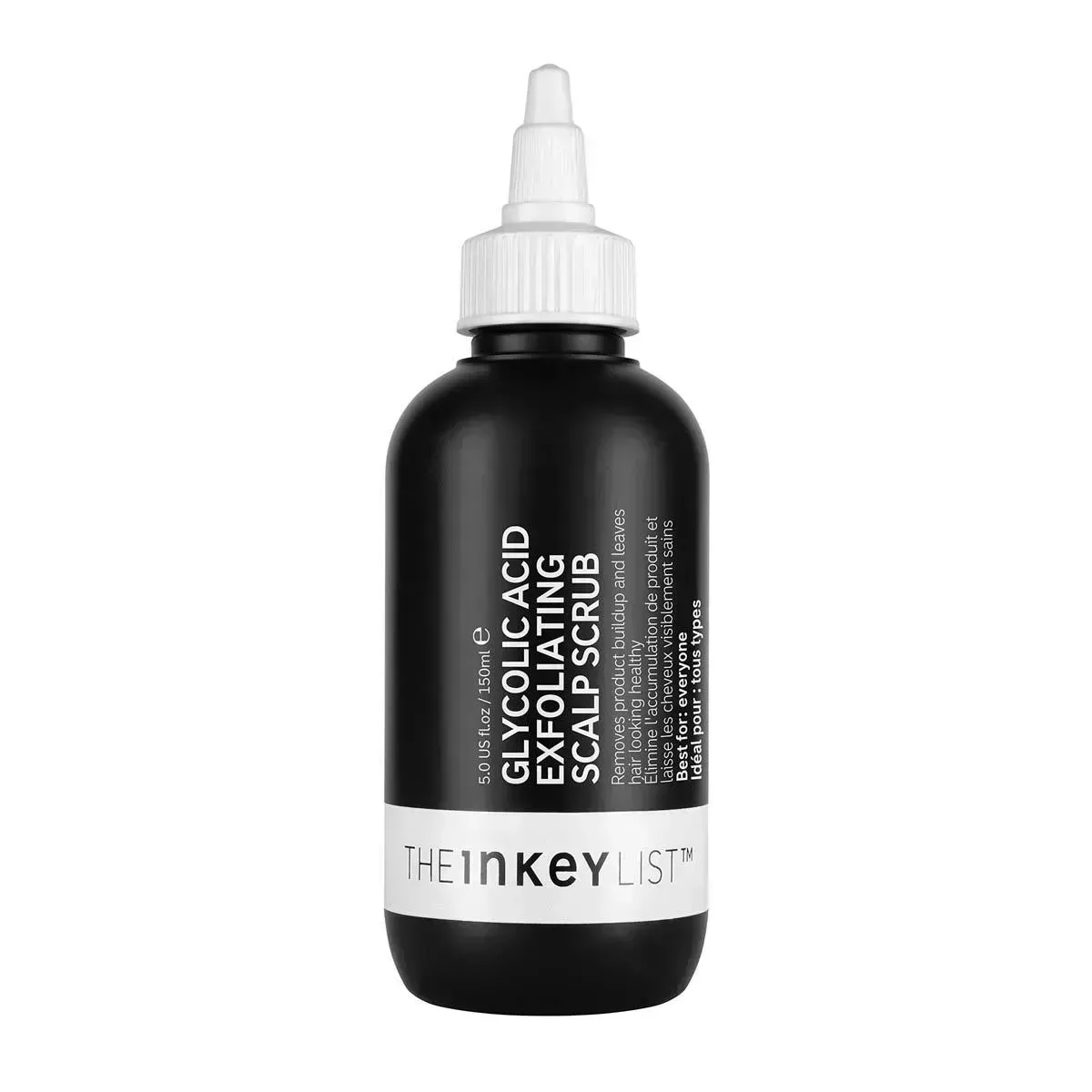 Bottle of the Inkey List Glycolic Acid exfoliating scalp scrub on a white background