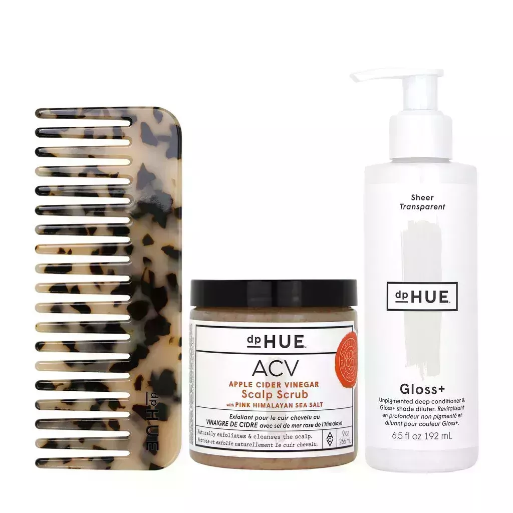 the dphue prep and shine set, whch includes a tortoiseshell comb, acv scrub, and a bottle of gloss + ona white background