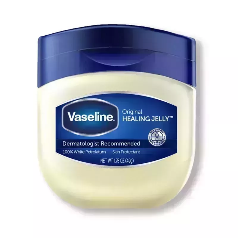 A clear tub of Vaseline Petroleum Jelly on a white background