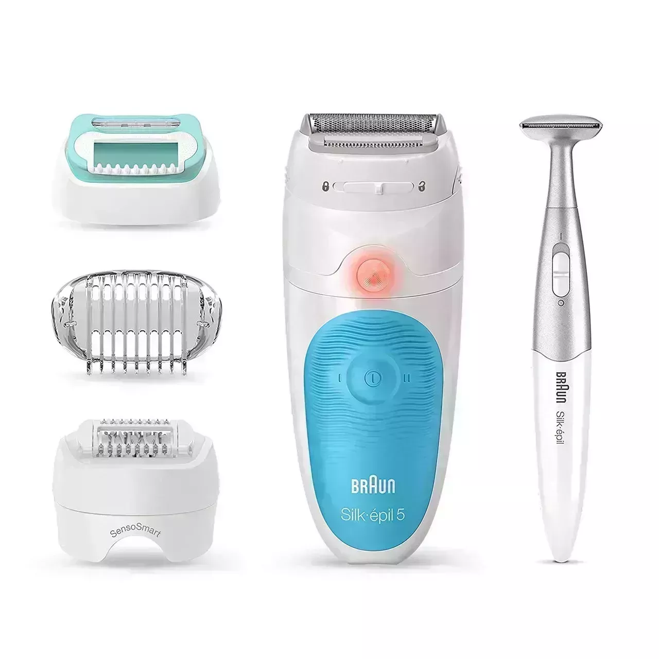 A blue and white Braun Epilator Silk-épil 5 5-810 and heads/attachments on white background