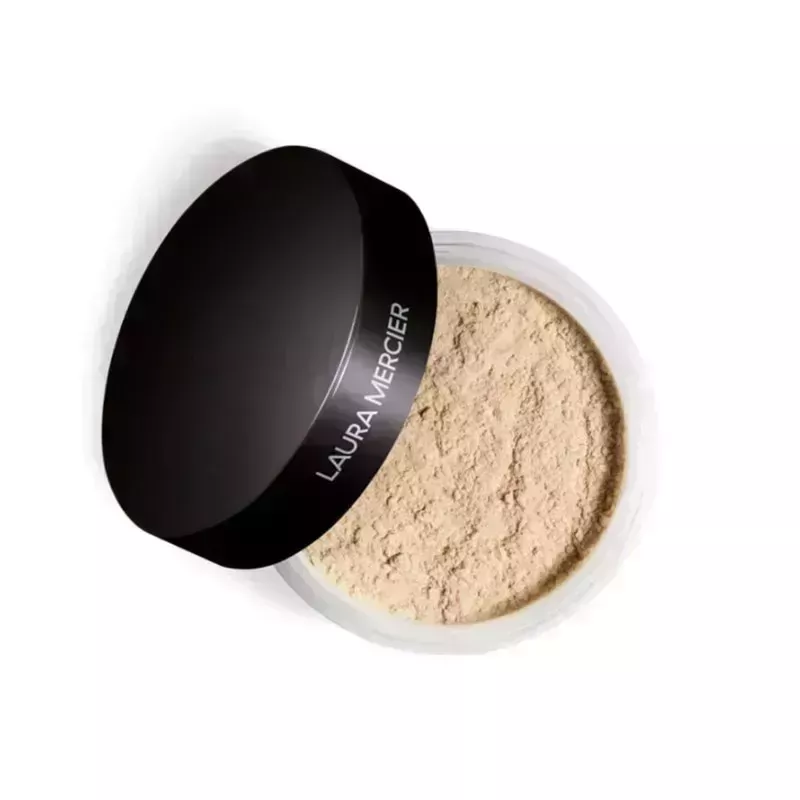 An opened jar with dark brown cap filled with the Laura Mercier Translucent Loose Setting Powder in shade Translucent on a white background.
