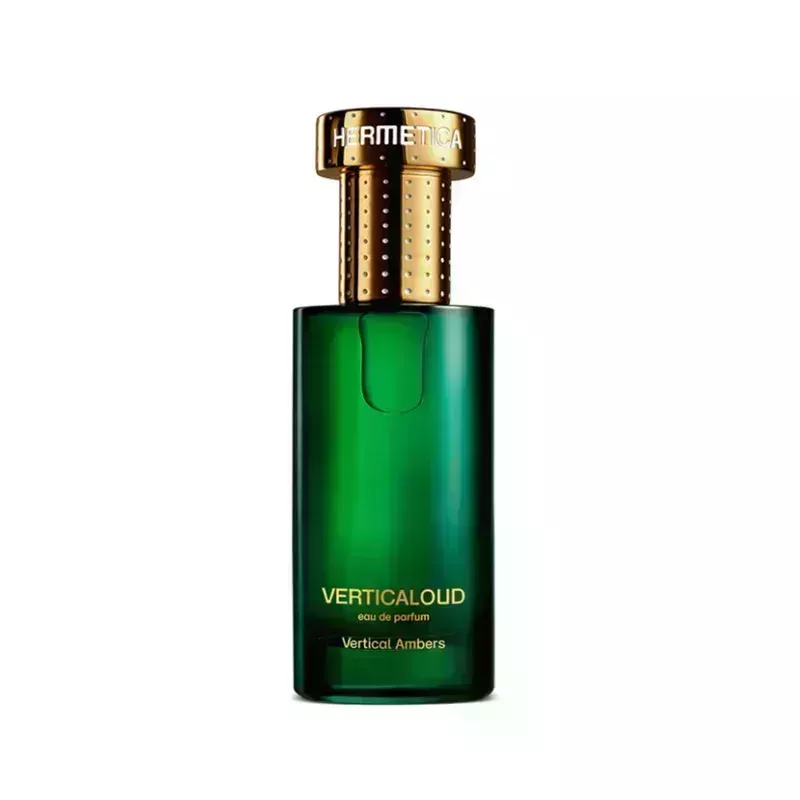 A green perfume bottle of the Hermetica Paris Verticaloud Eau de Parfum on a white background