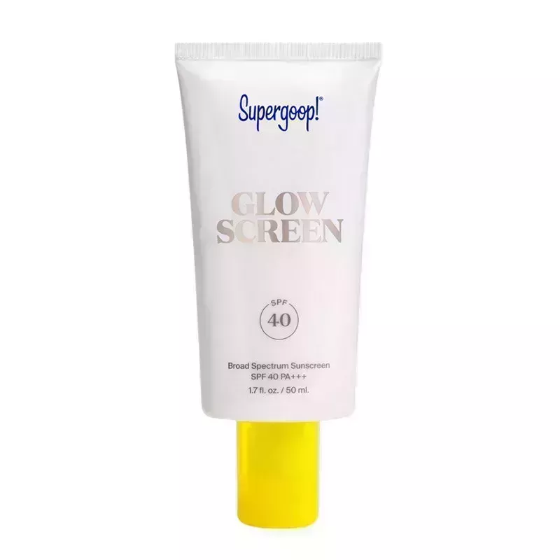 A white tube with yellow cap of the Supergoop! Glowscreen SPF 40 on a white background
