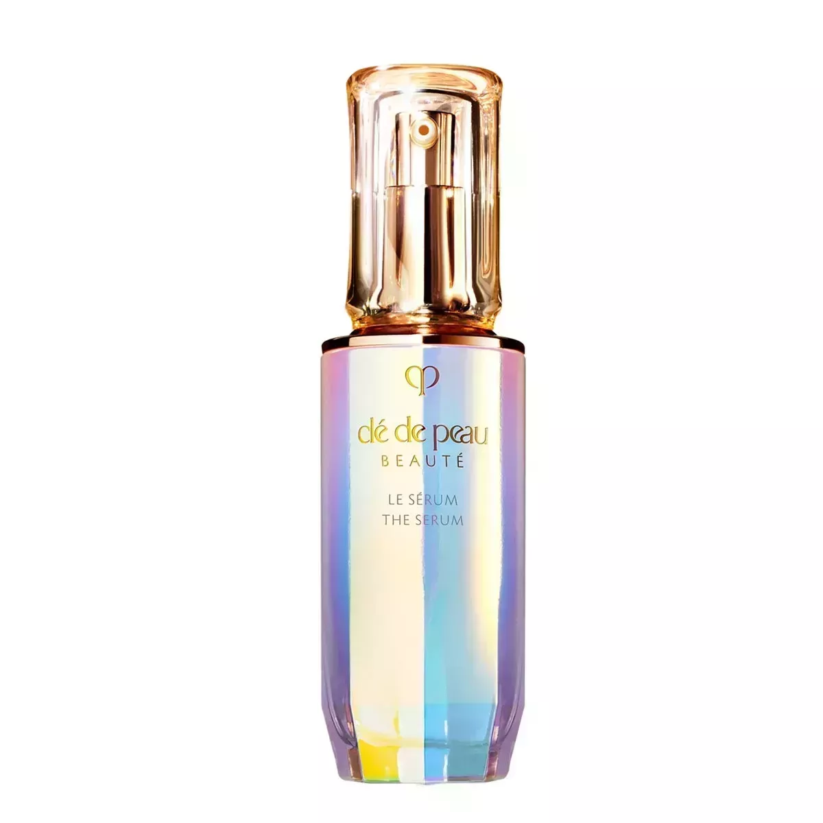 A glass bottle of facial serum with a gold cap 
