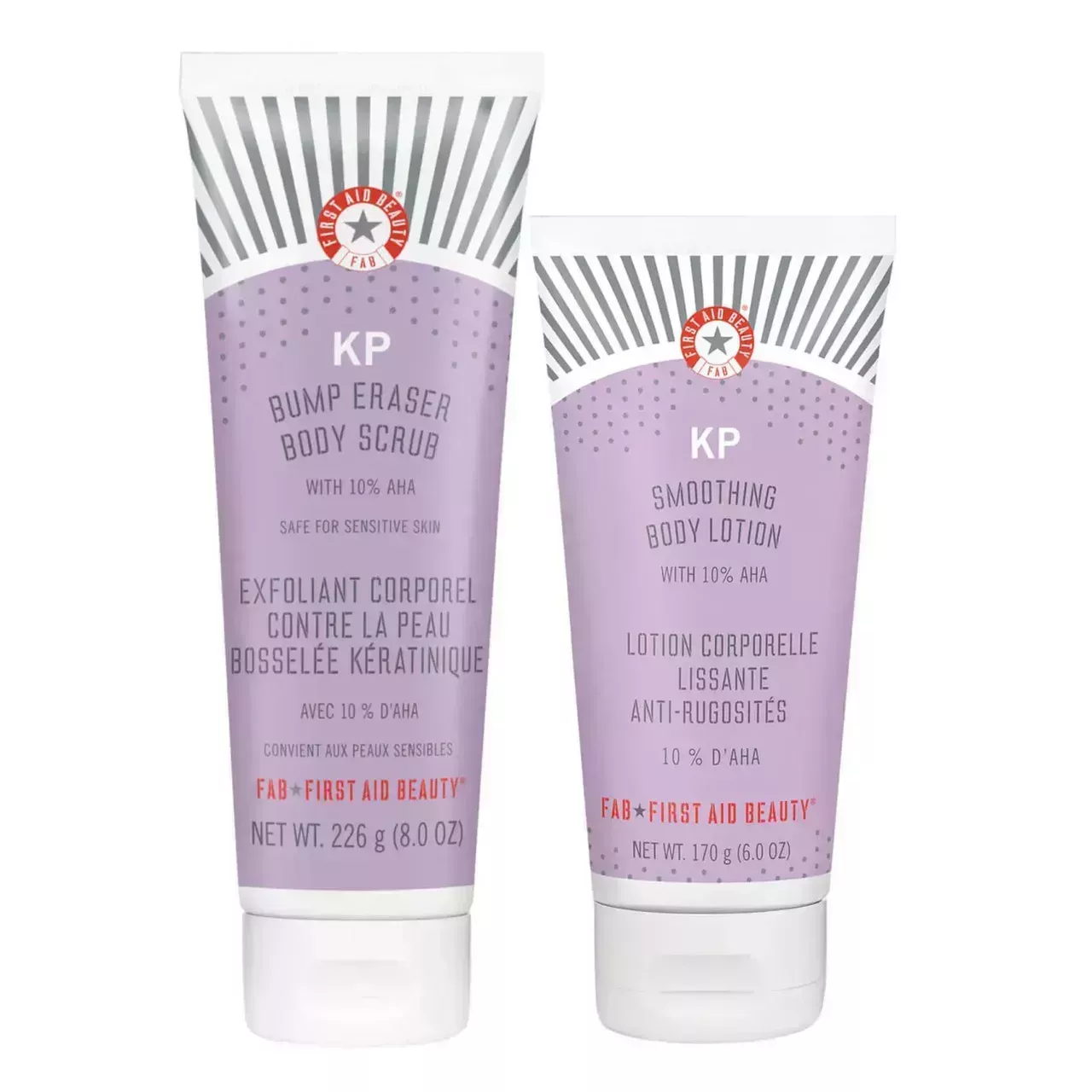 First Aid Beauty KP Body Bundle two purple tubes on white background