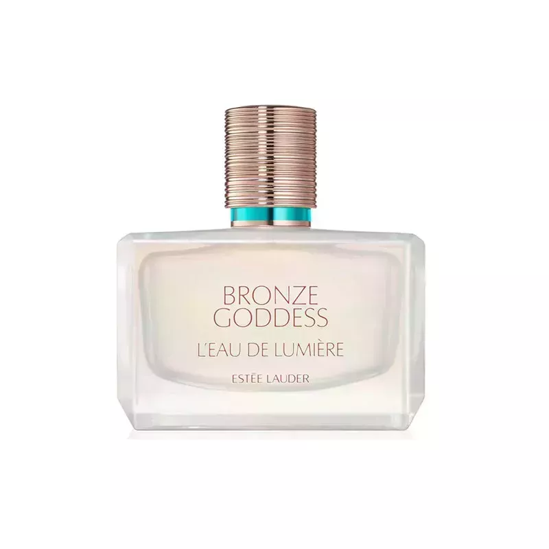 Estée Lauder Bronze Goddess L'Eau de Lumiere Eau de Parfum: A square perfume bottle with gold cap on a white background