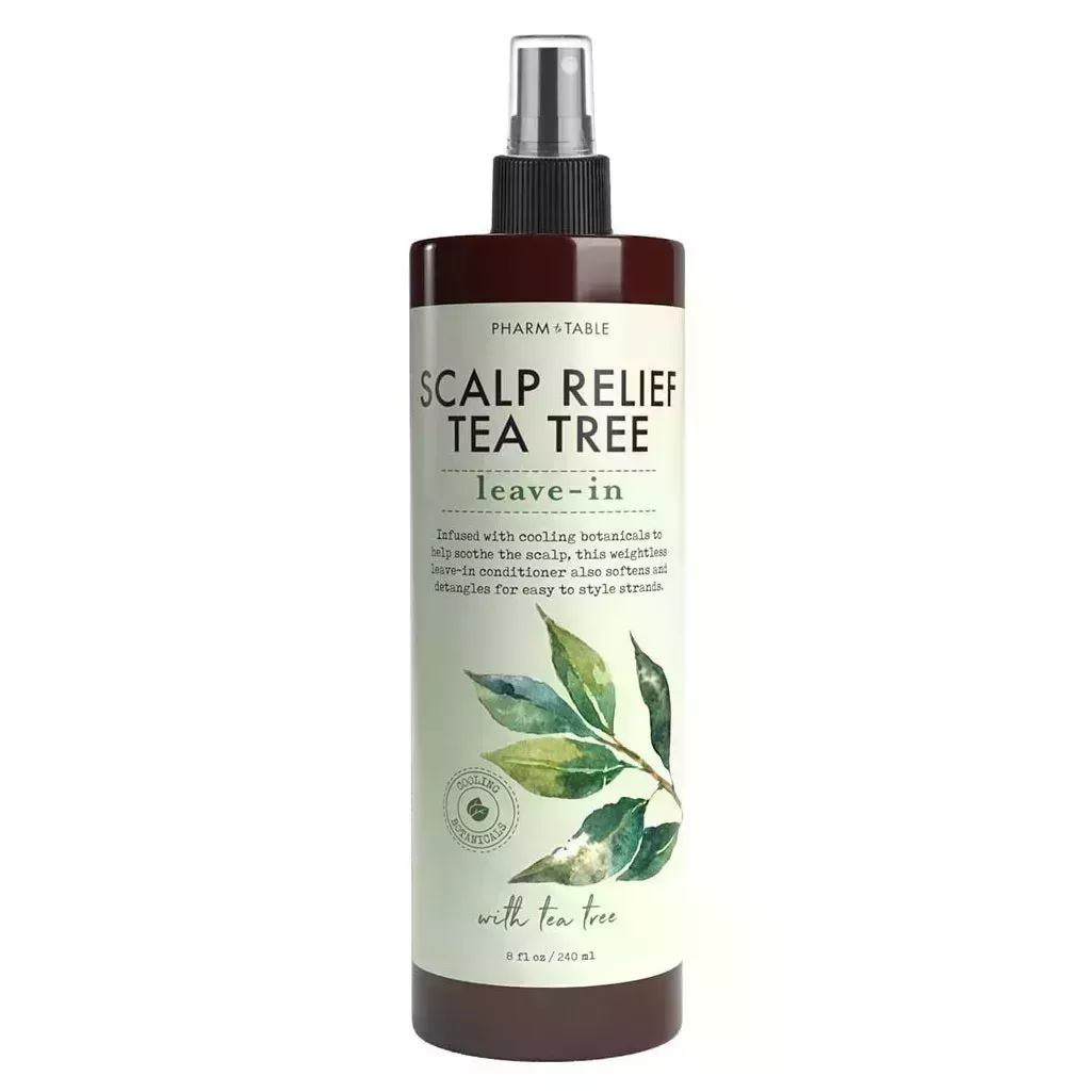 Pharm To Table Scalp Relief Tea Tree Leave-In Conditioner brown spray bottle with light green label on white background
