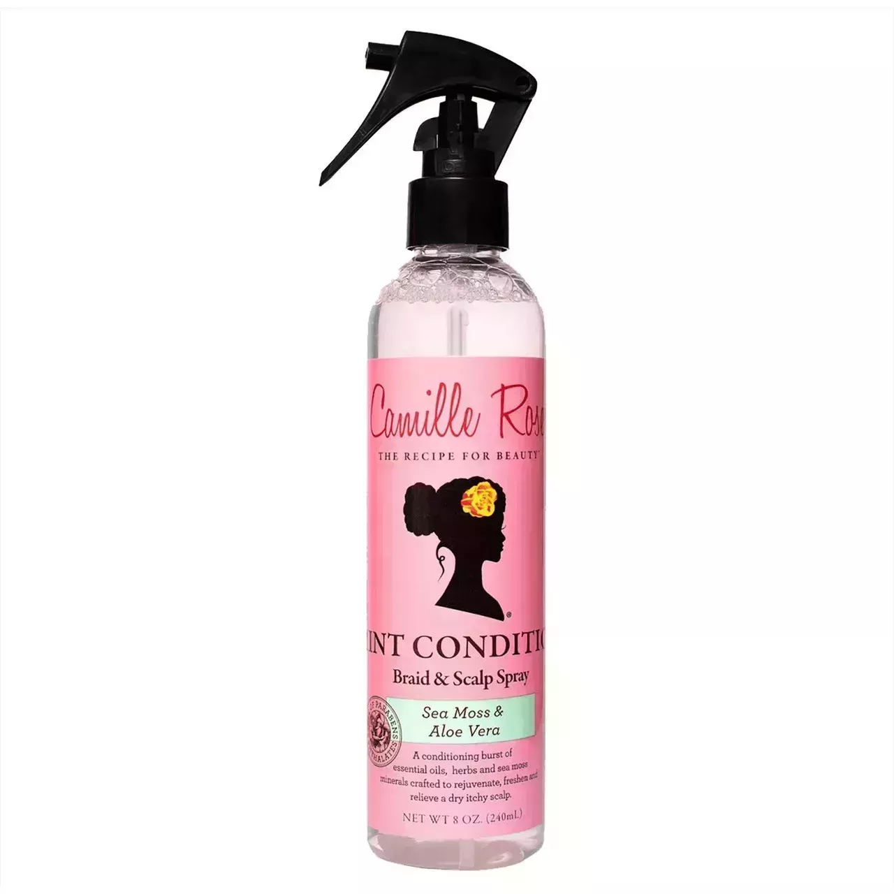 Camille Rose Mint Condition Braid & Scalp Spray bottle with pink label and black spray nozzle on white background
