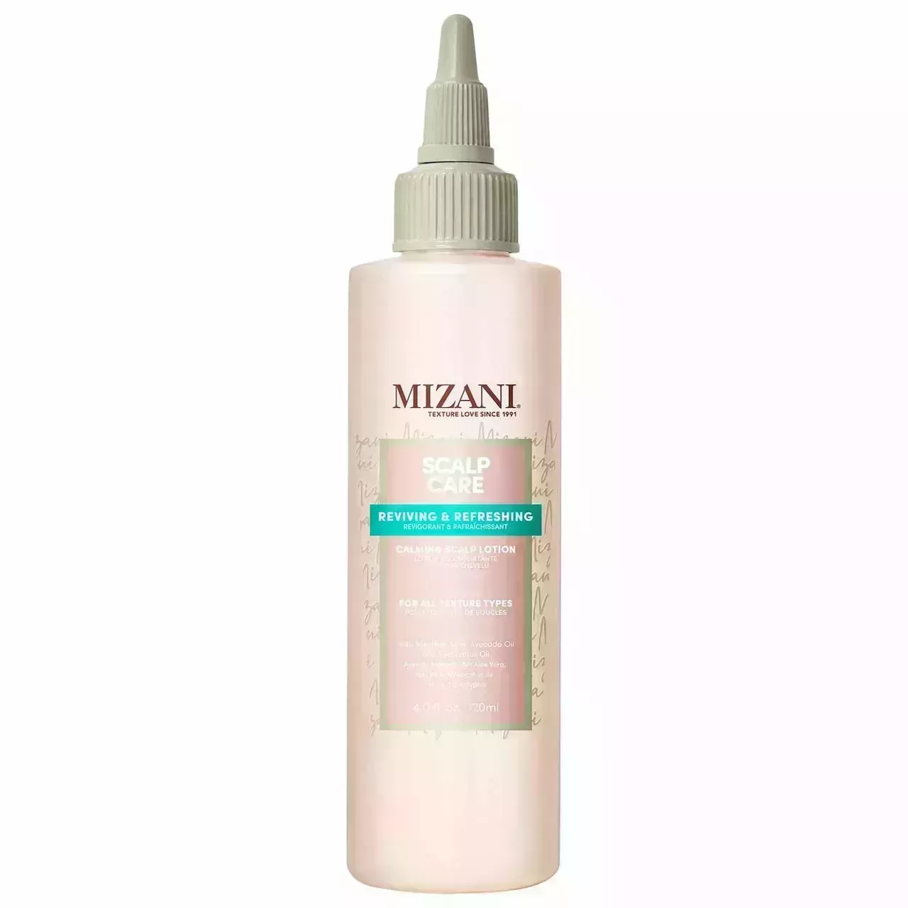 Mizani Scalp Care Soothing Scalp Lotion beige bottle with green pointed tip on white background