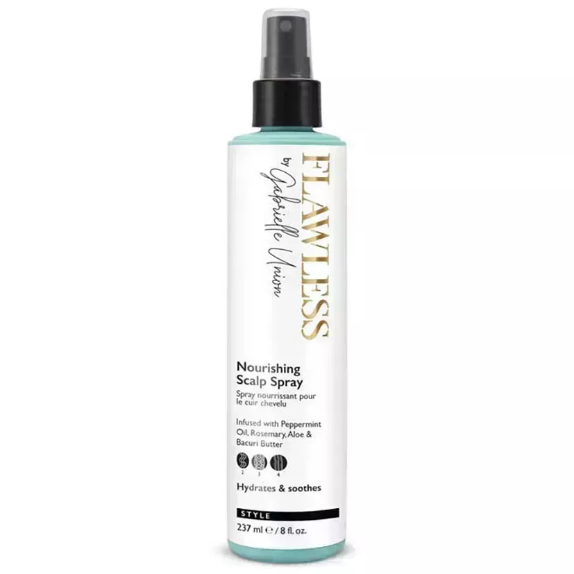 Flawless by Gabrielle Union Nourishing Scalp Spray turquoise bottle with white label and black spray cap on white background