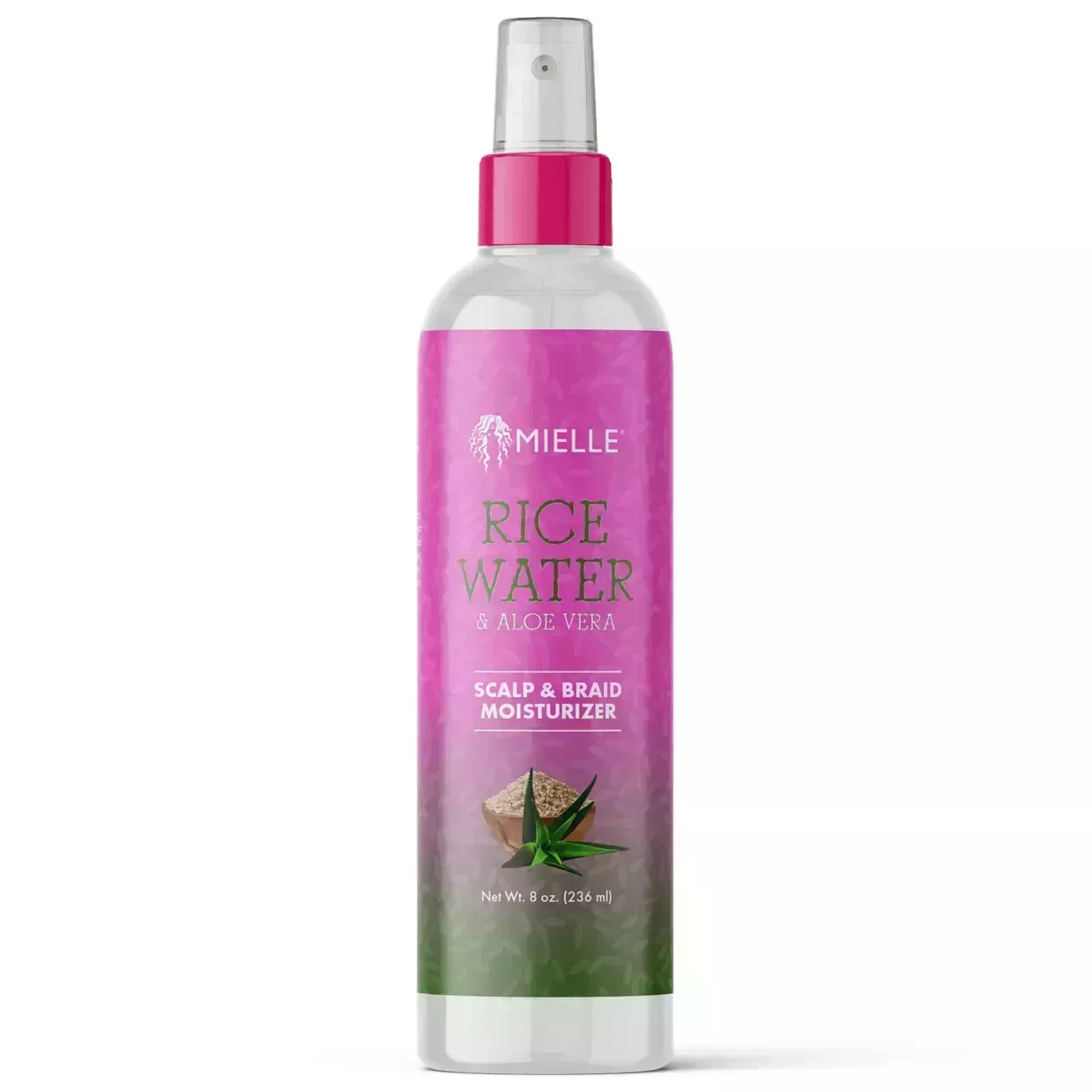 Mielle Organics Rice Water & Aloe Vera Braid & Scalp Moisturizer spray bottle with pink to green gradient label on white background