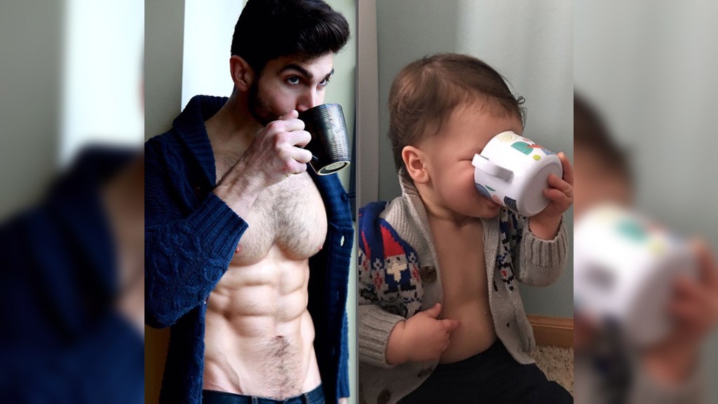 Modelo y su sobrino posando en la misma pose