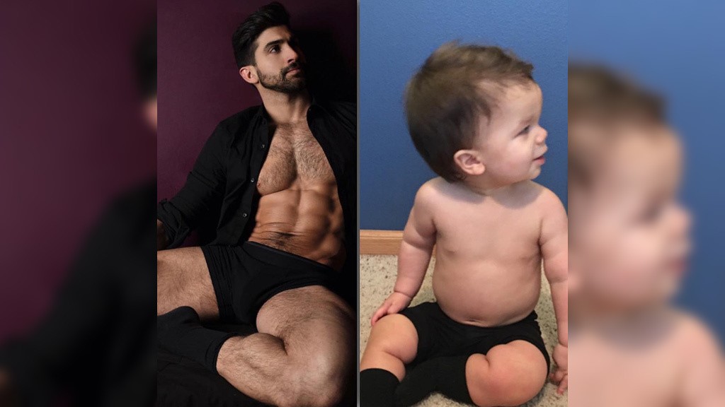 Modelo y su sobrino posando en la misma pose