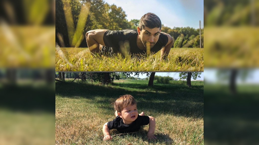 Modelo y su sobrino posando en la misma pose