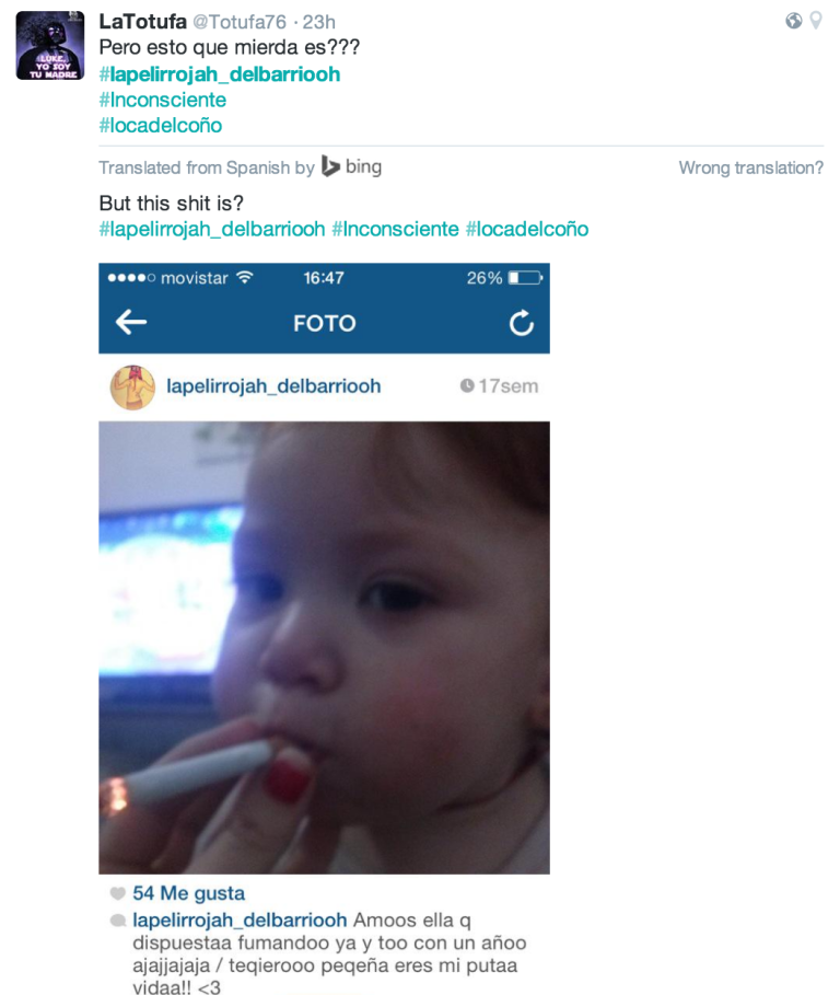 Niña de un año fumando en Instagram