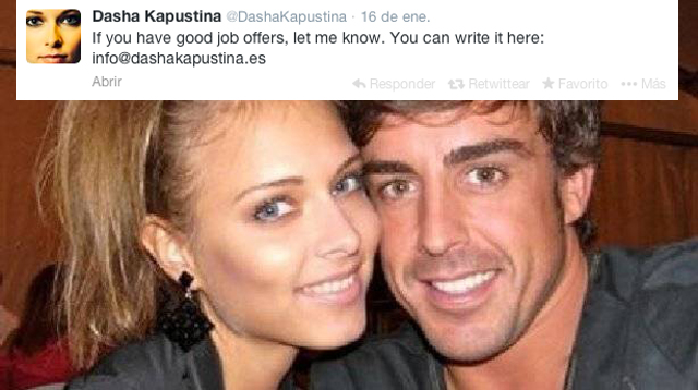 La novia de Fernando Alonso busca trabajo por Twitter