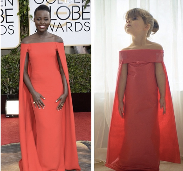 Una niña copia en papel los vestidos de las alfombras rojas