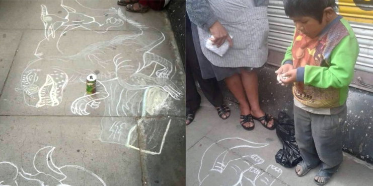 niño dibuja dinosaurios en la calle