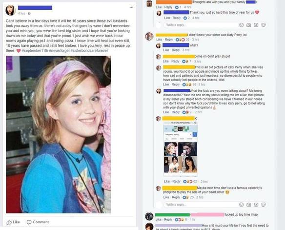 Comparte una foto de Katy Perry diciendo que es su hermana y que murió en el 11S