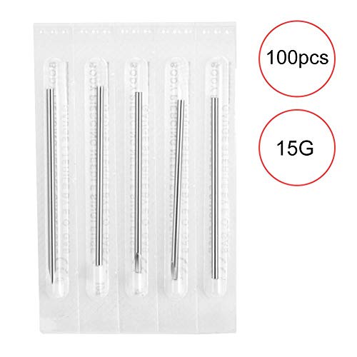 100 Pcs Kit de aguja de perforación, Agujas desechables para tatuaje estéril, para nariz/orejas/labios/cejas/ombligo/lengua(15G)