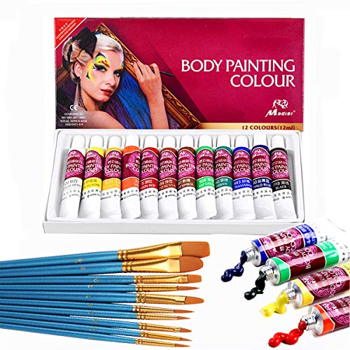 12 colores de la pintura de la cara de tubos, no toxico & hipoalergenico body paint maquillaje de Halloween, pigmentos ricos, vienen con piezas de nylon Cepillo de pelo de punta redond