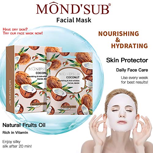 [12 P/Pack] Aceite de Coco Hoja Máscara facial | Mejor Mascarilla anti-envejecimiento y contra arrugas | Esencia natural de colágeno | Suavizar instante su piel | fruta original extracto de vitamina