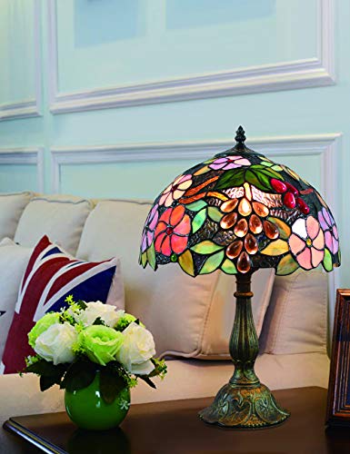12 Pulgadas Vintage Pastoral Flores Hermosas Vidrieras de Colores Estilo Lámpara de Mesa Lámpara de Dormitorio Lámpara de Noche
