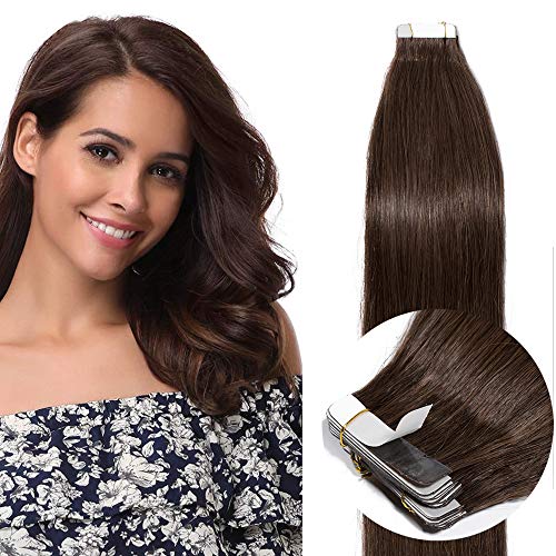 16"(40cm) Extensiones de Cabello Natural con Cinta Adhesiva 100% Remy Pelo Humano Liso Largo Tape in Hair Extensions 20 Unidades (50g,#4 Marrón Medio)
