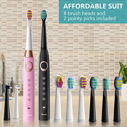 2 Cepillos de Dientes Eléctricos y Sónicos con 5 Modos 8 Cabezales y Carga Rápida USB que Dura 30 Días, Cepillos de Dientes Recargables con Temporizador Inteligente Incorporado(1 Negro y 1 Rosa)