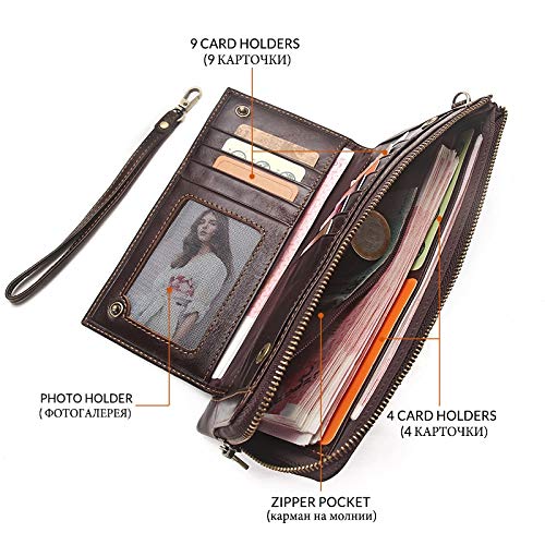 2020 Cartera para Hombre, Cartera de Cuero Genuino,   Cartera RFID, Organizador Masculino, Bolso de Mano para teléfono Celular, Monedero Largo, Caja roja
