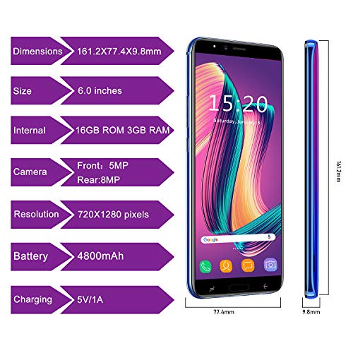 2020 Moviles Libres Baratos6.0’’ Pulgadas 4G Teléfono Móvil Libre 3GB RAM 16GB ROM Android 8.1 Moviles Barats y Buenos Quad-Core 4800mAh Batería Dual SIM 8MP Cámara Face ID（Púrpura）