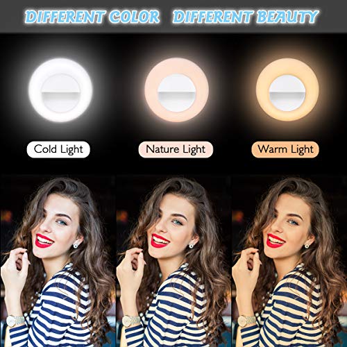 [2020 Nuevo] Anillo de luz Selfie，Recargable Anillo de luz Selfie，3 Colores y 3 Brillos Regulables，48 LED Recargable Selfie Light Clip. Adecuado para la mayoría de los teléfonos móviles, tabletas.