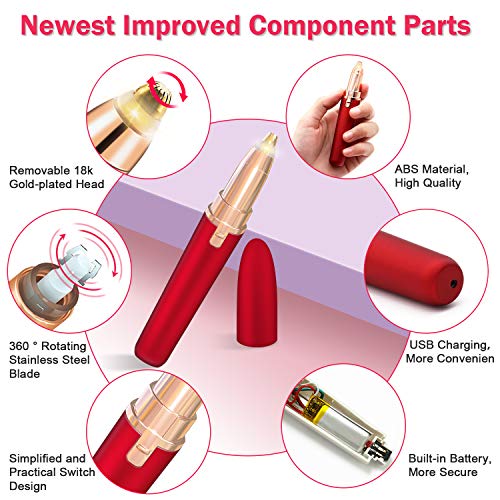 [2020 Nuevo]Depiladora para cejas，Eléctrica Depiladora Cejas Indolora,Depiladora Facial Para Mujeres Depiladora de Cejas Depiladora Facial con Cargador USB LED （Rojo）