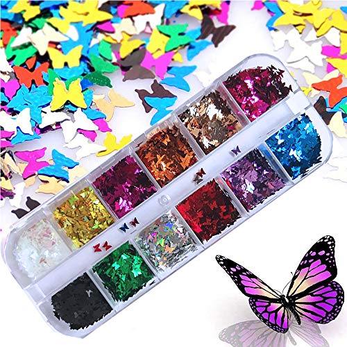 24 colores/set 3D Lentejuelas de uñas de mariposa, Kalolary Holográfica Butterfly Nail Lentejuelas Acrílico，para uñas, cabello, decoración de arte corporal