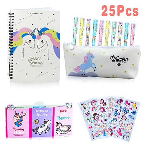 25 Piezas Bolígrafo Regalos de Unicornio para Niñas, Set de Papelería y Estuche Escolar y Cuaderno Libreta de Notas y Notas Autoadhesivas y Pegatina, Regalo para Niños 6 7 8 9 10 años (25 piezas）