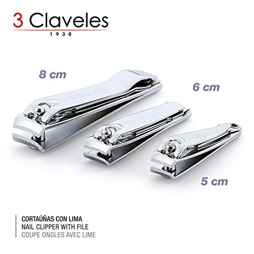 3 Claveles - Lote 3 Cortaúñas Cromados con Lima para Manos y Pies en Acero Inoxidable al Carbono. Acabado Metalico. Medidas 5, 6 y 8 cm