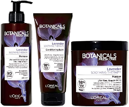 (3 PAQUETE) L'Oréal Paris Botanicals Terapia calmante SHAMPOO PARA LAVANDA x 400ml & LAVANDA BÁSICA DE ACONDICIONAMIENTO 200ml Y LAVANDA MASCARILLA 200ml SENSITIVE SCALPS Y FINA FRAGILE