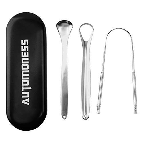 3 Pieces Limpiadores de Lengua,Automoness Raspador de lengua con Caja Metal,Limpieza Cepillo Lengua,Uso Recomendado por Dentistas（Negro）
