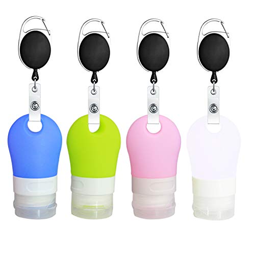 4 botellas de viaje recargables de 38 ml, desinfectante de manos con clip, botella de viaje de silicona para cosméticos y artículos de tocador