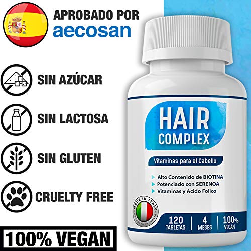 4 Meses [ 120 COMPRIMIDAS ] Suplemento de Biotina para el Pelo | Vitaminas para el Cabello y Saw Palmetto | Biotin para Crecimiento y Fortalecimiento