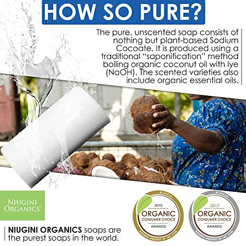 4 x Jabón de aceite de coco virgen puro orgánico del MUNDO para todo tipo de piel, barra de 100 gramos, sin aroma.