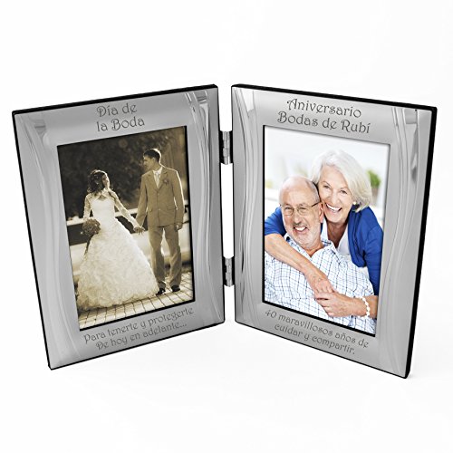 40 aniversario de rubí, chapado en plata, dorso de terciopelo, marco de marco de fotos doble, plata mate y brillante, de pie y con estructura articulada. Papel de regalo ruby y cinta. Regalo presente