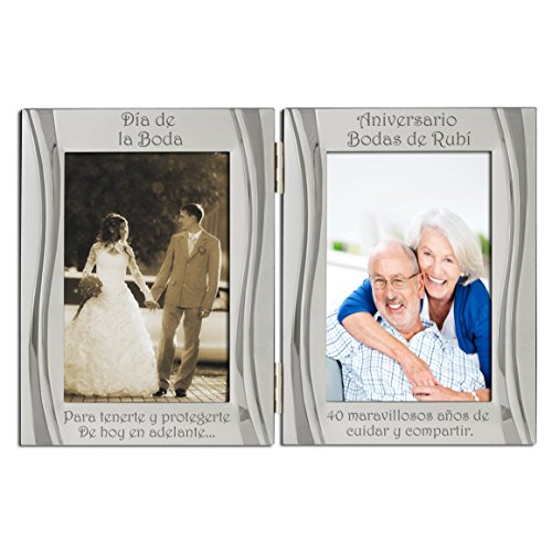 40 aniversario de rubí, chapado en plata, dorso de terciopelo, marco de marco de fotos doble, plata mate y brillante, de pie y con estructura articulada. Papel de regalo ruby y cinta. Regalo presente