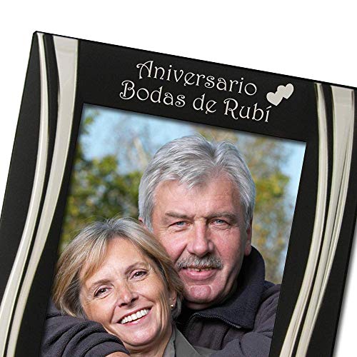 40 Aniversario, Marco de fotos de 40 Aniversario Bodas de Rubi, Chapado en plata. Impresionante diseño negro y plateado, Regalo de Aniversario Bodas de Rubi, Presente