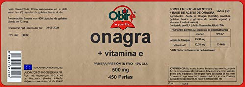 450 perlas Aceite de Onagra 500 mg con 10% en GLA (Ácido Gamma-linolénico) + 3,35 mg de Vitamina E. 450 perlas | Obire…