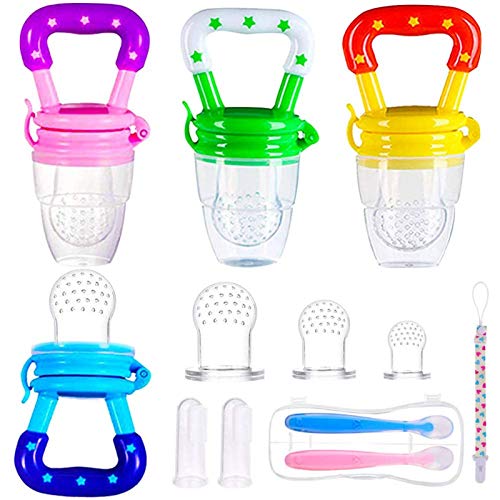 4pcs Chupete Fruta Bebe S/M/L + 2pcs Cepillos de Dedo para Bebés + 2 Cucharas de Alimentador Regalos para Bebés (4pcs Chupetes para Frutas)