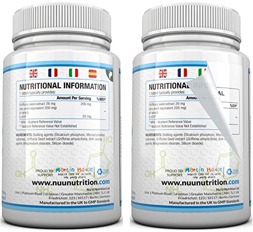 5-HTP 200 mg | Doble Potencia | 180 Comprimidos (Suministro para 6 Meses) | Complemento alimenticio de Nu U Nutrition