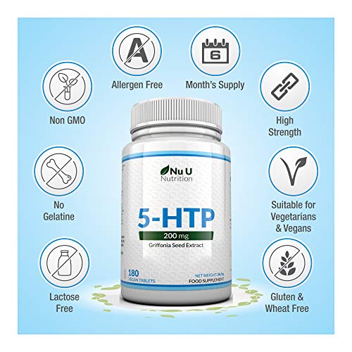 5-HTP 200 mg | Doble Potencia | 180 Comprimidos (Suministro para 6 Meses) | Complemento alimenticio de Nu U Nutrition