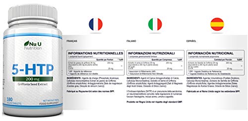 5-HTP 200 mg | Doble Potencia | 180 Comprimidos (Suministro para 6 Meses) | Complemento alimenticio de Nu U Nutrition